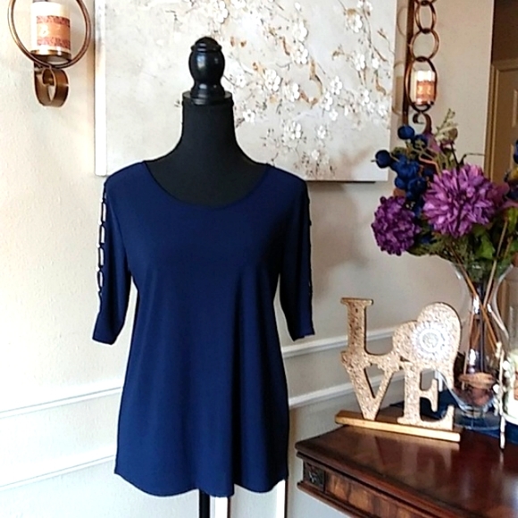 Navy Blue Elbow Sleeves Embellished Top By 89th & Madison. Size M - Picture 8 of 17